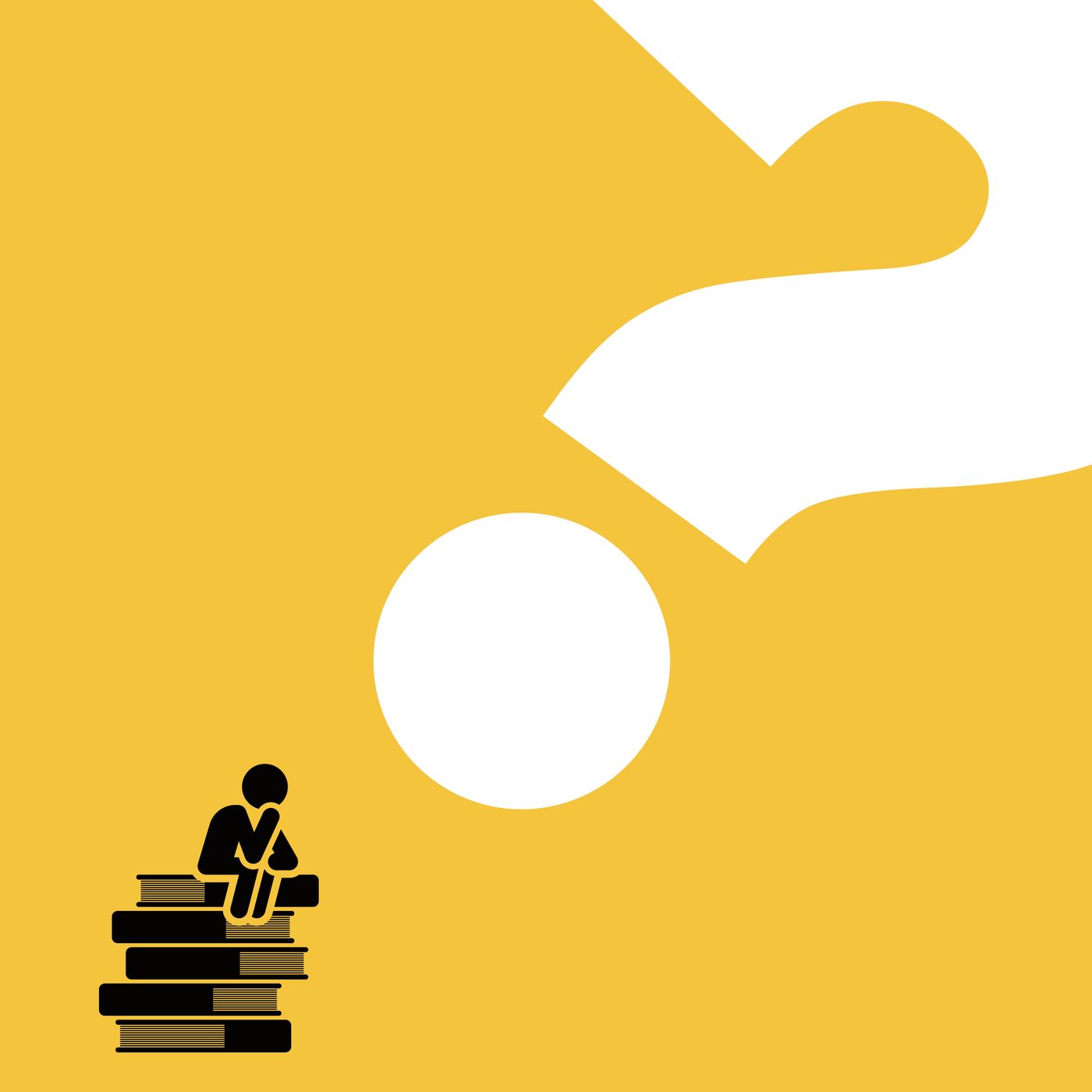 Illustration of a person reading on a stack of books beside an empty speech bubble